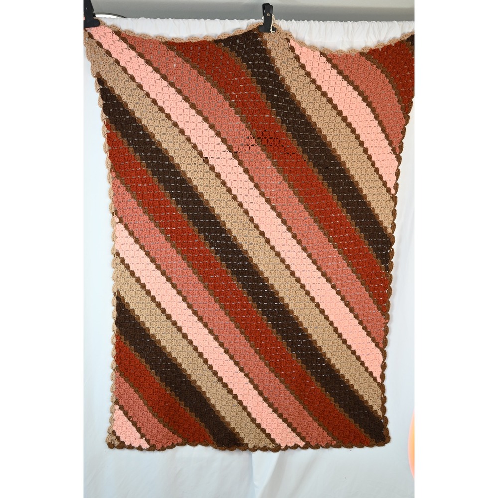 Vintage Handmade Crochet Afghan Blanket Pink Orange Brown Diagonal Stripe 42x60